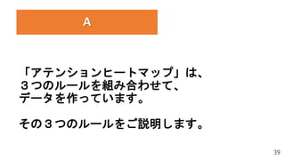 39
A
「アテンションヒートマップ」は、
３つのルールを組み合わせて、
データを作っています。
その３つのルールをご説明します。
 