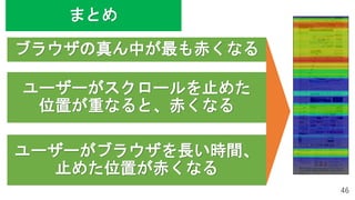 46
ブラウザの真ん中が最も赤くなる
ユーザーがスクロールを止めた
位置が重なると、赤くなる
ユーザーがブラウザを長い時間、
止めた位置が赤くなる
まとめ
 