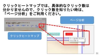 クリックヒートマップでは、具体的なクリック数は
分かりませんので、クリック数を知りたい時は、
「ページ分析」をご利用ください。
51
クリックヒートマップ
ページ分析
 