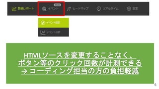 6
HTMLソースを変更することなく、
ボタン等のクリック回数が計測できる
→ コーディング担当の方の負担軽減
 