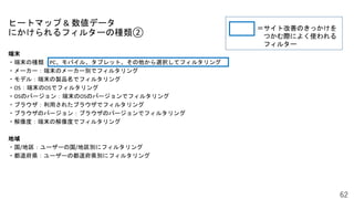 ヒートマップ & 数値データ
にかけられるフィルターの種類②
62
端末
・端末の種類：PC、モバイル、タブレット、その他から選択してフィルタリング
・メーカー：端末のメーカー別でフィルタリング
・モデル：端末の製品名でフィルタリング
・OS：端末のOSでフィルタリング
・OSのバージョン：端末のOSのバージョンでフィルタリング
・ブラウザ：利用されたブラウザでフィルタリング
・ブラウザのバージョン：ブラウザのバージョンでフィルタリング
・解像度：端末の解像度でフィルタリング
地域
・国/地区：ユーザーの国/地区別にフィルタリング
・都道府県：ユーザーの都道府県別にフィルタリング
＝サイト改善のきっかけを
つかむ際によく使われる
フィルター
 
