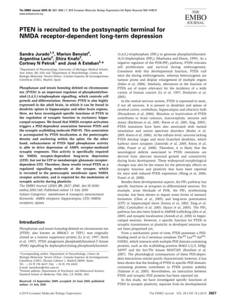 The EMBO Journal (2010) 29, 2827–2840   |&   2010 European Molecular Biology Organization | All Rights Reserved 0261-4189/10
                                                                                                                                                  THE
www.embojournal.org
                                                                                                                                             EMBO
                                                                                                                                              JOURNAL
PTEN is recruited to the postsynaptic terminal for
NMDA receptor-dependent long-term depression

Sandra Jurado1,3, Marion Benoist2,                                                      (3,4,5,)-trisphosphate (PIP3) to generate phosphatiylinositol-
Argentina Lario2, Shira Knafo2,                                                         (4,5)-bisphosphate (PIP2) (Maehama and Dixon, 1999). As a
Cortney N Petrok1 and Jose A Esteban2,*
                           ´                                                            negative regulator of the PI3K-PIP3 pathway, PTEN restrains
1
                                                                                        cell proliferation and survival during embryogenesis.
  Department of Pharmacology, University of Michigan Medical School,
Ann Arbor, MI, USA and 2Department of Neurobiology, Centro de
                                                                                        Consistent with this developmental function, PTEN null
       ´
Biologıa Molecular ‘Severo Ochoa’, Consejo Superior de Investigaciones                  mice die during embryogenesis, whereas heterozygotes are
     ´
Cientıﬁcas (CSIC), Madrid, Spain                                                        tumour prone and display enlargement of multiple organs
                                                                                        (Stiles et al, 2004). Similarly, alterations in the function of
Phosphatase and tensin homolog deleted on chromosome                                    PTEN are of major relevance for the incidence of a wide
ten (PTEN) is an important regulator of phosphatidylino-                                variety of human cancers (Li et al, 1997; Pendaries et al,
sitol-(3,4,5,)-trisphosphate signalling, which controls cell                            2003).
growth and differentiation. However, PTEN is also highly                                   In the central nervous system, PTEN is expressed in most,
expressed in the adult brain, in which it can be found in                               if not all neurons. It is present in dendrites and spines of
dendritic spines in hippocampus and other brain regions.                                cerebral cortex, cerebellum, hippocampus and olfactory bulb
Here, we have investigated speciﬁc functions of PTEN in                                 (Perandones et al, 2004). Mutation or inactivation of PTEN
the regulation of synaptic function in excitatory hippo-                                contributes to brain tumours, macrocephaly, seizures and
campal synapses. We found that NMDA receptor activation                                 ataxia (Backman et al, 2001; Kwon et al, 2001; Eng, 2003).
triggers a PDZ-dependent association between PTEN and                                   PTEN mutations have been also associated with mental
the synaptic scaffolding molecule PSD-95. This association                              retardation and autism spectrum disorders (Butler et al,
is accompanied by PTEN localization at the postsynaptic                                 2005; Kwon et al, 2006). At the cellular level, neurons lacking
density and anchoring within the spine. On the other                                    PTEN develop larger and more branched dendrites, which
hand, enhancement of PTEN lipid phosphatase activity                                    harbour more synapses (Jaworski et al, 2005; Kwon et al,
is able to drive depression of AMPA receptor-mediated                                   2006; Fraser et al, 2008). Therefore, it is likely that the
synaptic responses. This activity is speciﬁcally required                               neurological deﬁcits associated to PTEN mutations are
for NMDA receptor-dependent long-term depression                                        derived from aberrant neuronal growth and connectivity
(LTD), but not for LTP or metabotropic glutamate receptor-                              during brain development. These widespread morphological
dependent LTD. Therefore, these results reveal PTEN as a                                changes may also be the reason for the pleiotropic effects on
regulated signalling molecule at the synapse, which                                     synaptic function and plasticity that have been reported
is recruited to the postsynaptic membrane upon NMDA                                     for mice with reduced PTEN expression (Wang et al, 2006;
receptor activation, and is required for the modulation of                              Fraser et al, 2008).
synaptic activity during plasticity.                                                       Besides these developmental aspects, the PIP3 pathway has
The EMBO Journal (2010) 29, 2827–2840. doi:10.1038/                                     speciﬁc functions at synapses in differentiated neurons. For
emboj.2010.160; Published online 13 July 2010                                           example, acute blockade of PI3K, the PIP3 synthesizing
Subject Categories: membranes & transport; neuroscience                                 enzyme, has been shown to impair some forms of memory
Keywords: AMPA receptors; hippocampus; LTD; NMDA                                        formation (Chen et al, 2005) and long-term potentiation
receptors; spines                                                                       (LTP) in hippocampal slices (Sanna et al, 2002; Tang et al,
                                                                                        2002; Cammalleri et al, 2003; Opazo et al, 2003). The PIP3
                                                                                        pathway has also been linked to AMPAR trafﬁcking (Qin et al,
                                                                                        2005) and synaptic localization (Arendt et al, 2010) in hippo-
                                                                                        campal neurons. However, a speciﬁc function for PTEN in
Introduction                                                                            synaptic transmission or plasticity in developed neurons has
Phosphatase and tensin homolog deleted on chromosome ten                                not been pinpointed yet.
(PTEN; also known as MMAC1 or TEP1) was originally                                         From a mechanistic point of view, PTEN possesses a PDZ-
cloned as a tumour suppressor protein (Li et al, 1997; Steck                            binding motif at its C-terminus (residues Thr401-Lys402-Val403-
et al, 1997). PTEN antagonizes phosphatidylinositosl-30 -kinase                         COOH), which interacts with multiple PDZ domain-containing
(PI3K) signalling by dephosphorylating phosphatidylinositol-                            proteins, such as the scaffolding proteins MAGI-1/2/3, hDlg/
                                                                                        SAP97 and the Ser/Thr kinase MAST205 (Bonifant et al,
*Corresponding author. Department of Neurobiology, Centro de                            2007). The physiological consequences of these PDZ-depen-
        ´
Biologıa Molecular ‘Severo Ochoa’, Consejo Superior de Investigaciones
                                                                                        dent interactions remain poorly characterized; however, it has
      ´
Cientıﬁcas (CSIC), Nicolas Cabrera 1, Madrid 28049, Spain.
Tel.: þ 34 91 196 4637; Fax: þ 34 01 196 4420;                                          been shown that the binding of PTEN to speciﬁc PDZ domain-
E-mail: jaesteban@cbm.uam.es                                                            containing proteins contributes to PTEN protein stability
3
  Present address: Department of Psychiatry and Behavioral Science,                     (Valiente et al, 2005). Nevertheless, no interaction between
Stanford School of Medicine, Palo Alto, CA 94304, USA                                   PTEN and synaptic PDZ proteins has been reported yet.
Received: 14 September 2009; accepted: 24 June 2010; published                             In this study, we have investigated speciﬁc functions of
online: 13 July 2010                                                                    PTEN in synaptic plasticity, separate from its developmental

& 2010 European Molecular Biology Organization                                                                       The EMBO Journal   VOL 29 | NO 16 | 2010 2827
 