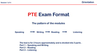 Speaking Writing Reading Listening
PTE Exam Format
The pattern of the modules
Orientation
Session 1 of 4
The test is for 2 hours approximately and is divided into 3 parts .
Part 1 – Speaking and Writing
Part 2 – Reading
Part 3 – Listening
 