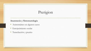 Pterigion
Anamnesis y Sintomatología
• Asintomático en algunos casos
• Enrojecimiento ocular
• Tumefacción y prurito
 