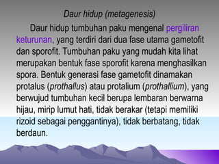 Daur hidup (metagenesis)
    Daur hidup tumbuhan paku mengenal pergiliran
keturunan, yang terdiri dari dua fase utama gametofit
dan sporofit. Tumbuhan paku yang mudah kita lihat
merupakan bentuk fase sporofit karena menghasilkan
spora. Bentuk generasi fase gametofit dinamakan
protalus (prothallus) atau protalium (prothallium), yang
berwujud tumbuhan kecil berupa lembaran berwarna
hijau, mirip lumut hati, tidak berakar (tetapi memiliki
rizoid sebagai penggantinya), tidak berbatang, tidak
berdaun.
 