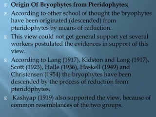  Origin Of Bryophytes from Pteridophytes:
 According to other school of thought the bryophytes
have been originated (descended) from
pteridophytes by means of reduction.
 This view could not get general support yet several
workers postulated the evidences in support of this
view.
 According to Lang (1917), Kidston and Lang (1917),
Scott (1923), Halle (1936), Haskell (1949) and
Christensen (1954) the bryophytes have been
descended by the process of reduction from
pteridophytes.
 Kashyap (1919) also supported the view, because of
common resemblances of the two groups.
 