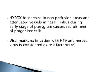    HYPOXIA: increase in non perfusion areas and
    attenuated vessels in nasal limbus during
    early stage of pterygium causes recruitment
    of progenitor cells.

   Viral markers: infection with HPV and herpes
    virus is considered as risk factor(rare).
 