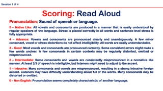 Pronunciation: Sound of speech or language.
5 – Native Like: All vowels and consonants are produced in a manner that is easily understood by
regular speakers of the language. Stress is placed correctly in all words and sentence-level stress is
fully appropriate.
4 – Advance: Vowels and consonants are pronounced clearly and unambiguously. A few minor
consonant, vowel or stress distortions do not affect intelligibility. All words are easily understandable.
3 – Good: Most vowels and consonants are pronounced correctly. Some consistent errors might make a
few words unclear. A few consonants in certain contexts may be regularly distorted, omitted or
mispronounced.
2 – Intermediate: Some consonants and vowels are consistently mispronounced in a nonnative like
manner. At least 2/3 of speech is intelligible, but listeners might need to adjust to the accent.
1 – Intrusive: Many consonants and vowels are mispronounced, resulting in a strong intrusive foreign
accent. Listeners may have difficulty understanding about 1/3 of the words. Many consonants may be
distorted or omitted.
0 – Non English: Pronunciation seems completely characteristic of another language.
Scoring: Read Aloud
Session 1 of 4
 