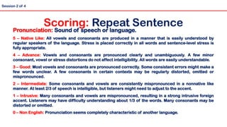 Pronunciation: Sound of speech or language.
5 – Native Like: All vowels and consonants are produced in a manner that is easily understood by
regular speakers of the language. Stress is placed correctly in all words and sentence-level stress is
fully appropriate.
4 – Advance: Vowels and consonants are pronounced clearly and unambiguously. A few minor
consonant, vowel or stress distortions do not affect intelligibility. All words are easily understandable.
3 – Good: Most vowels and consonants are pronounced correctly. Some consistent errors might make a
few words unclear. A few consonants in certain contexts may be regularly distorted, omitted or
mispronounced.
2 – Intermediate: Some consonants and vowels are consistently mispronounced in a nonnative like
manner. At least 2/3 of speech is intelligible, but listeners might need to adjust to the accent.
1 – Intrusive: Many consonants and vowels are mispronounced, resulting in a strong intrusive foreign
accent. Listeners may have difficulty understanding about 1/3 of the words. Many consonants may be
distorted or omitted.
0 – Non English: Pronunciation seems completely characteristic of another language.
Scoring: Repeat Sentence
Session 2 of 4
 