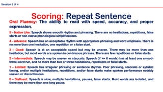 Oral Fluency: The ability to read with speed, accuracy, and proper
expression.
5 – Native Like: Speech shows smooth rhythm and phrasing. There are no hesitations, repetitions, false
starts or non-native phonological simplifications.
4 – Advance: Speech has an acceptable rhythm with appropriate phrasing and word emphasis. There is
no more than one hesitation, one repetition or a false start.
3 – Good: Speech is at an acceptable speed but may be uneven. There may be more than one
hesitation, but most words are spoken in continuous phrases. There are few repetitions or false starts.
2 – Intermediate: Speech may be uneven or staccato. Speech (if >= 6 words) has at least one smooth
three-word run, and no more than two or three hesitations, repetitions or false starts.
1 – Limited: Speech has irregular phrasing or sentence rhythm. Poor phrasing, staccato or syllabic
timing, and/or multiple hesitations, repetitions, and/or false starts make spoken performance notably
uneven or discontinuous.
0 – Disfluent: Speech is slow, multiple hesitations, pauses, false starts. Most words are isolated, and
there may be more than one long pause.
Scoring: Repeat Sentence
Session 2 of 4
 