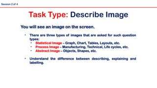 You will see an image on the screen.
• There are three types of images that are asked for such question
types:
• Statistical Image – Graph, Chart, Tables, Layouts, etc.
• Process Image – Manufacturing, Technical, Life cycles, etc.
• Abstract Image – Objects, Shapes, etc.
• Understand the difference between describing, explaining and
labelling.
Session 2 of 4
Task Type: Describe Image
 
