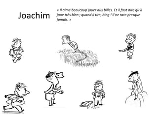 Joachim « Il aime beaucoup jouer aux billes. Et il faut dire qu’il joue très bien ; quand il tire, bing ! il ne rate presque jamais. » 