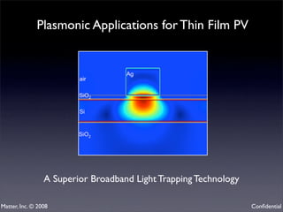 Plasmonic Applications for Thin Film PV




                 A Superior Broadband Light Trapping Technology

Matter, Inc. © 2008                                               Conﬁdential
 