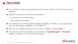 DESCRIBE
Polymorphic Table Functions in 18c11 08.05.2019
The method is called by the database when parsing a SQL and it ca...