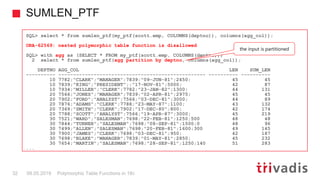 SUMLEN_PTF
Polymorphic Table Functions in 18c32 08.05.2019
SQL> select * from sumlen_ptf(my_ptf(scott.emp, COLUMNS(deptno)...
