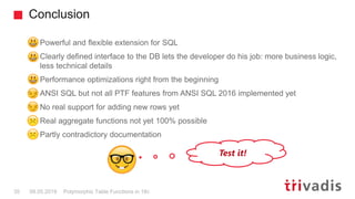 Conclusion
Polymorphic Table Functions in 18c35 08.05.2019
Powerful and flexible extension for SQL
Clearly defined interfa...