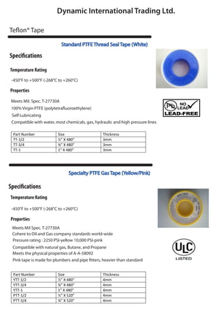 Dynamic International Trading Ltd.

Te on® Tape

                             Standard PTFE Thread Seal Tape (White)

Speci cations

Temperature Rating
 -450°F to +500°F (-268°C to +260°C)

Properties

 Meets Mil. Spec. T-27730A
 100% Virgin PTFE (polytetra uoroethylene)
 Self Lubricating
 Compatible with water, most chemicals, gas, hydraulic and high pressure lines

  Part Number            Size                    Thickness
  TT-1/2                 ½” X 480”               3mm
  TT-3/4                 ¾” X 480”               3mm
  TT-1                   1” X 480”               3mm




                                Specialty PTFE Gas Tape (Yellow/Pink)

Speci cations
Temperature Rating

 -450°F to +500°F (-268°C to +260°C)

Properties
 Meets Mil Spec. T-27730A
 Cohere to Oil and Gas company standards world-wide
 Pressure rating : 2250 PSI-yellow 10,000 PSI-pink
 Compatible with natural gas, Butane, and Propane
 Meets the physical properties of A-A-58092
 Pink tape is made for plumbers and pipe tters, heavier than standard


  Part Number            Size                    Thickness
  YTT-1/2                ½” X 480”               4mm
  YTT-3/4                ¾” X 480”               4mm
  YTT-1                  1” X 480”               4mm
  PTT-1/2                ½” X 520”               4mm
  PTT-3/4                ¾” X 520”               4mm
 