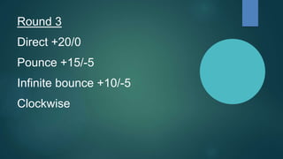 Round 3
Direct +20/0
Pounce +15/-5
Infinite bounce +10/-5
Clockwise
 