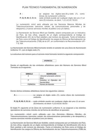 PLAN TÉCNICO FUNDAMENTAL DE NUMERACIÓN

           A :                    se asignan los dígitos seis (6) y siete (7), como
                                  Zonas de numeración uniforme.
           P; Q; R; M; C; D; U:   cada símbolo puede ser cualquier dígito del uno (1) al
                                  cero (0) inclusive, es decir: 1,2,3,4,5,6,7,8,9,0.

       La numeración móvil será utilizada por los Servicios Básicos Móviles de
       Telecomunicaciones (servicios celular, de comunicaciones personales y de
       despacho) y nuevos servicios móviles al público (voz y/o datos).

       La Numeración de Servicio Móvil por Satélite, estará compuesta por un Indicativo
       de País, de tres cifras, seguido de un dígito correspondiente al Código de
       Identificación (IC) de la Red satelital y del número de abonado. Tanto el Indicativo
       de País como el Código de Identificación los asigna la Oficina de Normalización de
       las Telecomunicaciones (TSB) de la UIT, en conformidad a la Recomendación UIT-
       T E.164.

La Numeración del Servicio Móvil terrestre tendrá el carácter de una Zona de Numeración
Uniforme “A”, con el dígito siete (7).

La estructura del número para el servicio móvil terrestre tendrá la siguiente composición:


                                        APQRMCDU

Donde el significado de los símbolos alfabéticos para del Número de Servicio Móvil
Terrestre es el siguiente:


                  SÍMBOLO                    SIGNIFICADO
                    A              Zona de numeración uniforme
                                   Móvil
                     P             Simboliza al Operador del
                                   Servicio Móvil
                    PQRMCDU        Número de Abonado


Donde dichos símbolos alfabéticos tienen los siguientes valores:

    A :                     se asigna el dígito siete (7), como Zona de numeración
                            uniforme.

    P; Q; R; M; C; D; U:    cada símbolo puede ser cualquier dígito del uno (1) al cero
                            (0) inclusive, es decir: 1,2,3,4,5,6,7,8,9,0.

El dígito P, siguiente al de Zona de numeración uniforme A, se asignará a los distintos
operadores de servicios móviles de tal forma de identificar al operador.

La numeración móvil será utilizada por los Servicios Básicos Móviles de
Telecomunicaciones (servicios celular, de comunicaciones personales y de despacho) y
nuevos servicios móviles al público (voz y/o datos).

La Numeración de Servicio Móvil por Satélite, estará compuesta por un Indicativo de País,
de tres cifras, seguido de un dígito correspondiente al Código de Identificación (IC) de la
Red satelital y del número de abonado. Tanto el Indicativo de País como el Código de
Identificación los asigna la Oficina de Normalización de las Telecomunicaciones (TSB) de
 