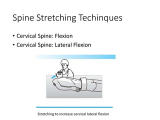 Spine Stretching Techinques
• Cervical Spine: Flexion
• Cervical Spine: Lateral Flexion
Stretching to increase cervical lateral flexion
 