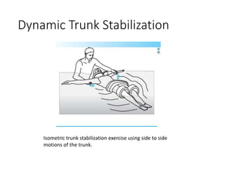 Dynamic Trunk Stabilization
Isometric trunk stabilization exercise using side to side
motions of the trunk.
 