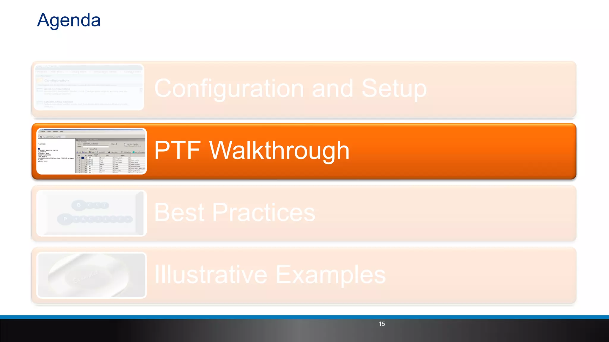 Agenda
Configuration and Setup
PTF Walkthrough
Best Practices
Illustrative Examples
15
 