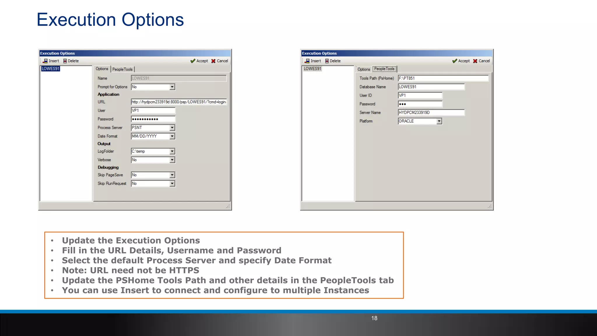 Execution Options
• Update the Execution Options
• Fill in the URL Details, Username and Password
• Select the default Process Server and specify Date Format
• Note: URL need not be HTTPS
• Update the PSHome Tools Path and other details in the PeopleTools tab
• You can use Insert to connect and configure to multiple Instances
18
 