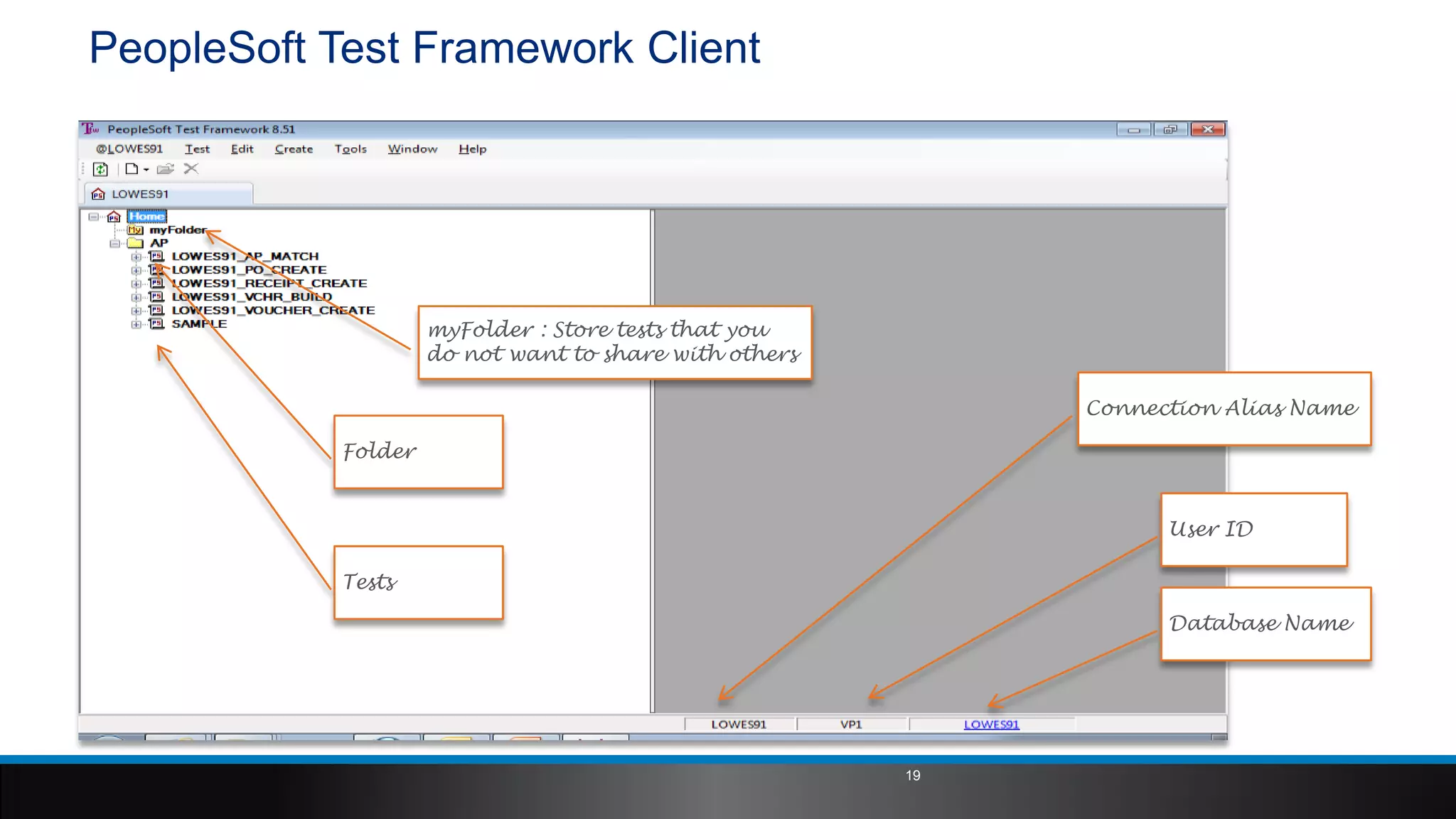 PeopleSoft Test Framework Client
Connection Alias Name
Database Name
User ID
myFolder : Store tests that you
do not want to share with others
Folder
Tests
19
 