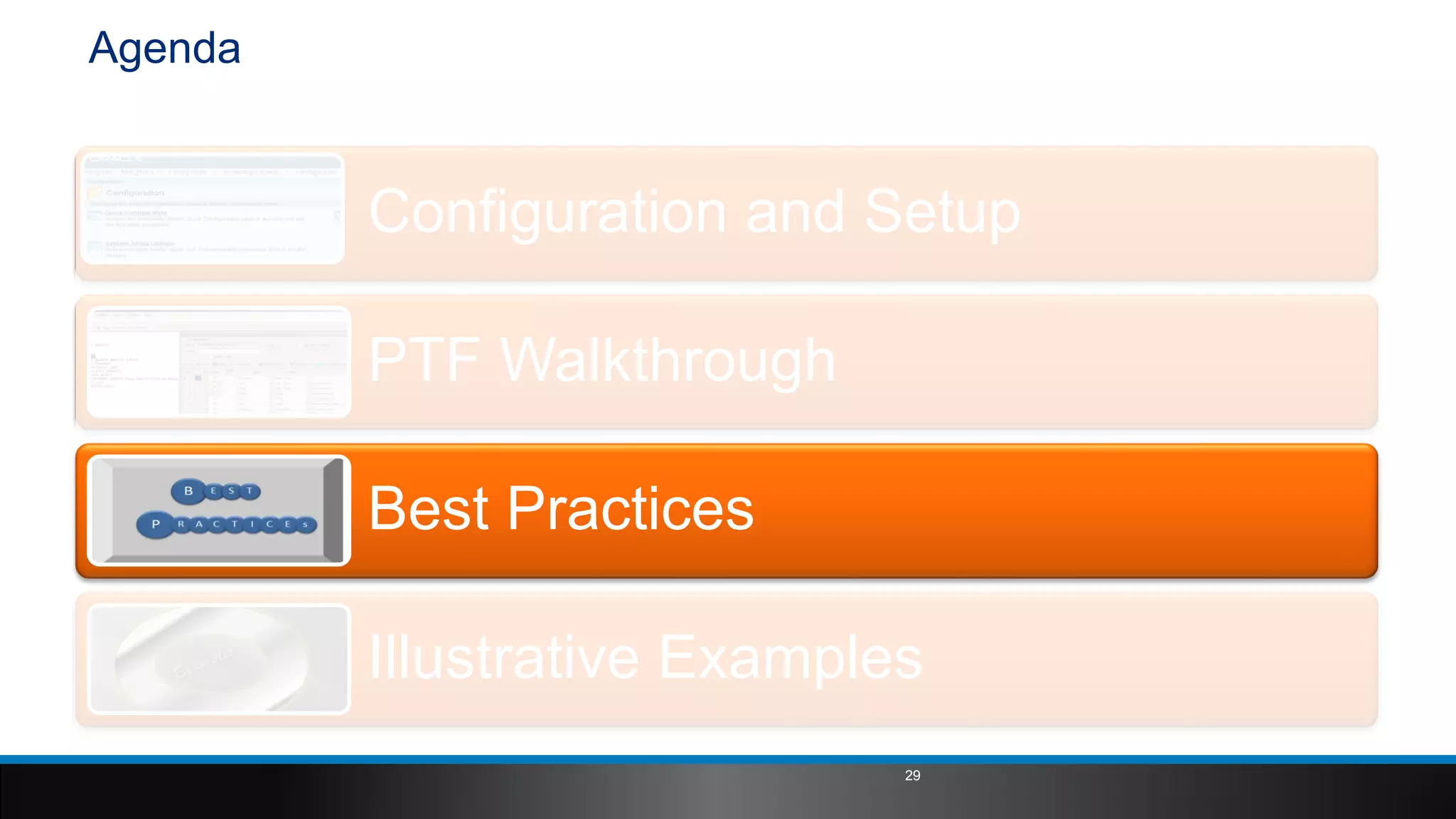 Agenda
Configuration and Setup
PTF Walkthrough
Best Practices
Illustrative Examples
29
 