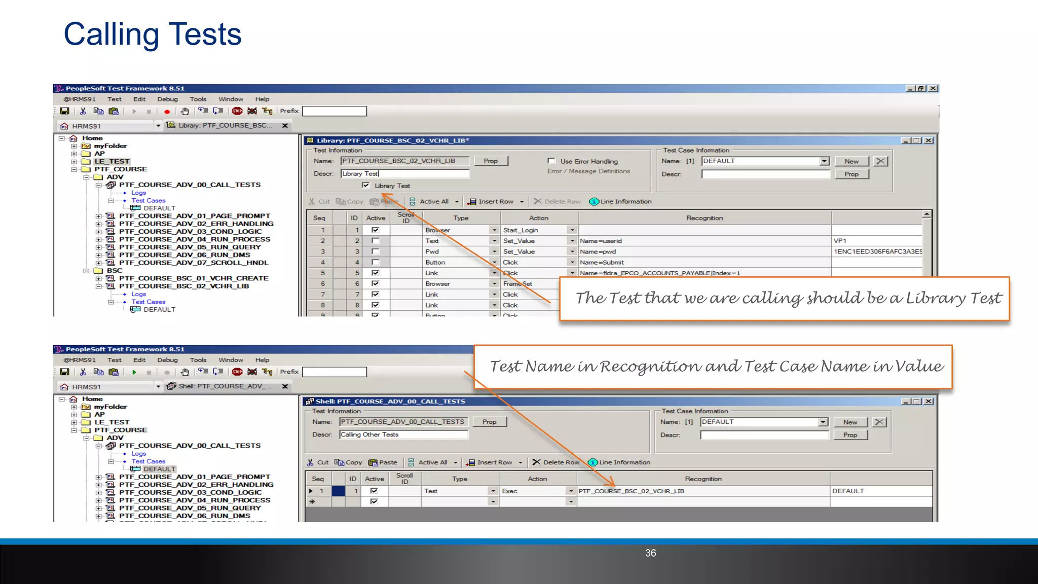 Calling Tests
The Test that we are calling should be a Library Test
Test Name in Recognition and Test Case Name in Value
36
 