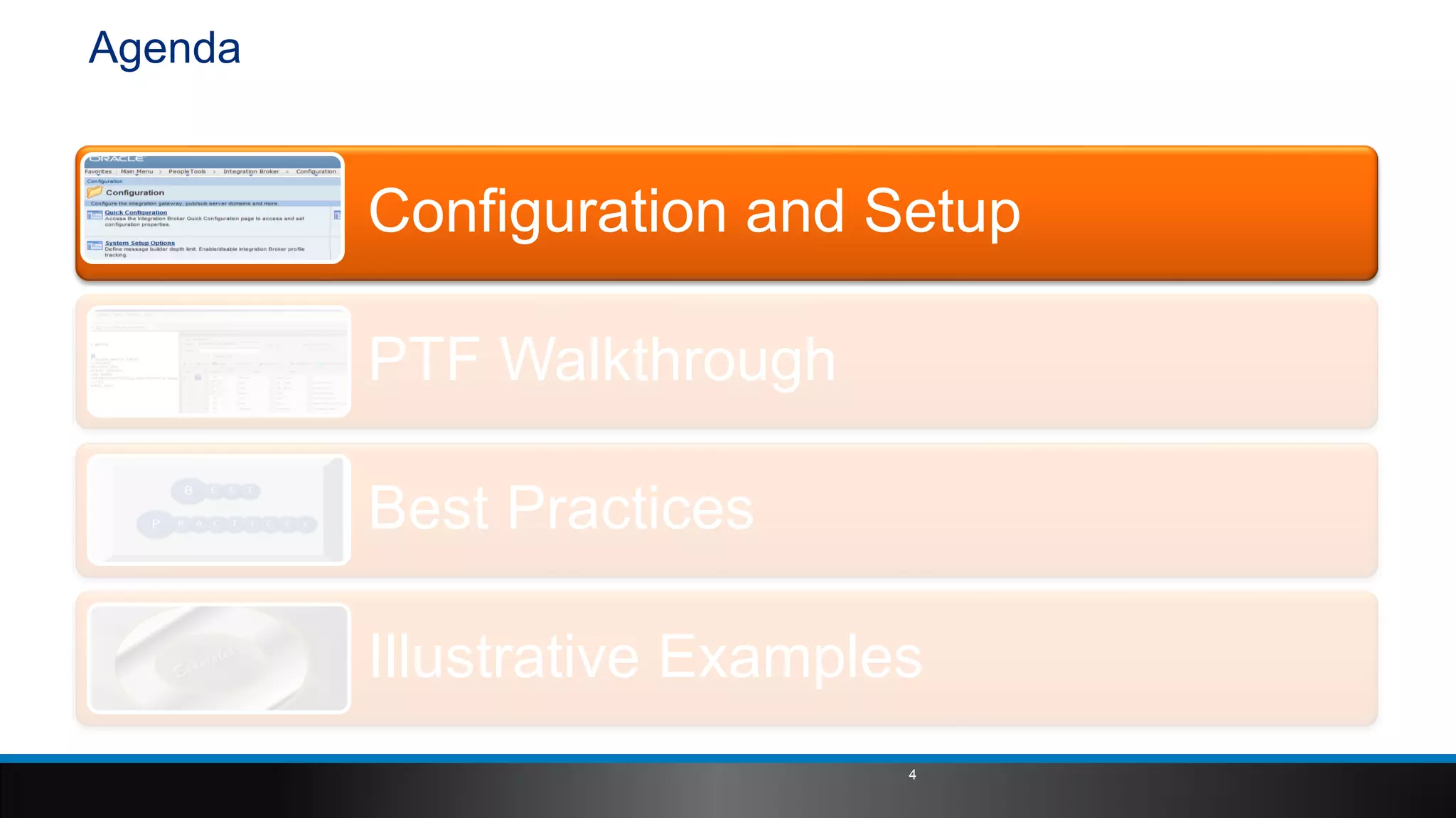 Agenda
Configuration and Setup
PTF Walkthrough
Best Practices
Illustrative Examples
4
 