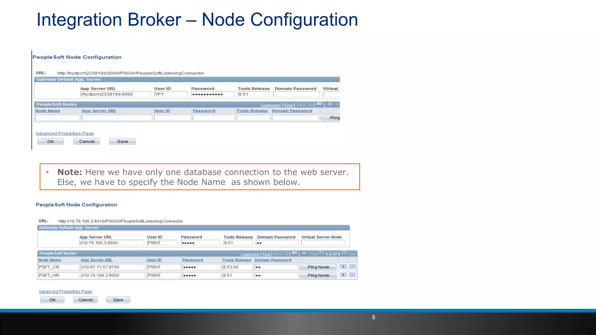 Integration Broker – Node Configuration
• Note: Here we have only one database connection to the web server.
Else, we have to specify the Node Name as shown below.
8
 