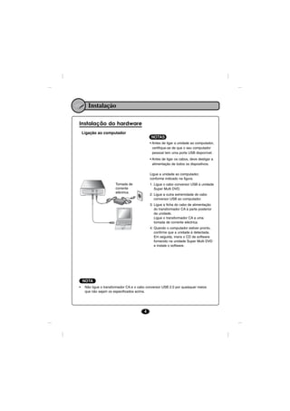 Instalação

Instalação do hardware
    Ligação ao computador
                                              NOTAS
                                             • Antes de ligar a unidade ao computador,
                                               certifique-se de que o seu computador
                                               pessoal tem uma porta USB disponível.
                                             • Antes de ligar os cabos, deve desligar a
                                               alimentação de todos os dispositivos.


                                             Ligue a unidade ao computador,
                                             conforme indicado na figura.
                       Tomada de             1. Ligue o cabo conversor USB à unidade
                       corrente                 Super Multi DVD.
                       eléctrica.
                                             2. Ligue a outra extremidade do cabo
                                                conversor USB ao computador.
                                             3. Ligue a ficha do cabo de alimentação
                                                do transformador CA à parte posterior
                                                da unidade.
                                                Ligue o transformador CA a uma
                                                tomada de corrente eléctrica.
                                             4. Quando o computador estiver pronto,
                                                confirme que a unidade é detectada.
                                                Em seguida, insira o CD de software
                                                fornecido na unidade Super Multi DVD
                                                e instale o software.




    NOTA
•    Não ligue o transformador CA e o cabo conversor USB 2.0 por quaisquer meios
     que não sejam os especificados acima.




                                         4
 