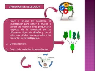 1. Poner a prueba las hipótesis. El
investigador para poner a prueba o
validar las hipótesis debe preguntarse
respecto de la idoneidad de los
diferentes tipos de diseño y de si
estos son válidos para responder a las
preguntas de investigación.
2. Generalización.
3. Control de variables independientes.
CRITERIOS DE SELECCION
 