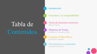 1
2
3
4
5
6
Tabla de
Contenidos
Introducción
Una función no computable
El problema de la detención
Funciones y su computabilidad
Teoría de funciones recursivas
Máquinas de Turing
Máquinas de Turing
Fundamentos de la máquina de Turing
Lenguaje de Bare Bones
Una función no computable
 