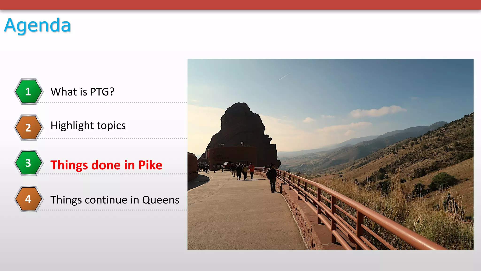 Agenda
What	is	PTG?1
Highlight	topics2
Things	done	in	Pike3
Things	continue	in	Queens4
 