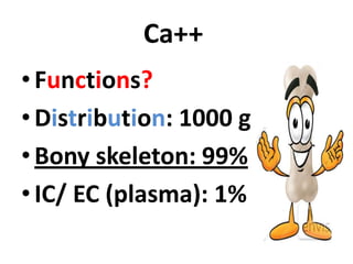 Bony skeleton
• Large stable pool (99%): calcium phosphate
• Small labile pool (1%): rapidly exchange
with ECF
   ECF
                                       Non exchangeable
                Exchangeable Calcium




                                          Calcium
 