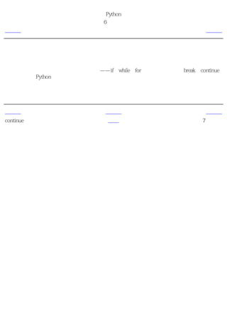 简明 Python 教程
                       第6章 控制流
上一页                       概括                      下一页



概括
我们已经学习了如何使用三种控制流语句——if、while和for以及与它们相关的break和continue
语句。它们是Python中最常用的部分，熟悉这些控制流是应当掌握的基本技能。

接下来，我们将学习如何创建和使用函数。


上一页                      上一级                      下一页
continue语句                首页                    第7章 函数
 