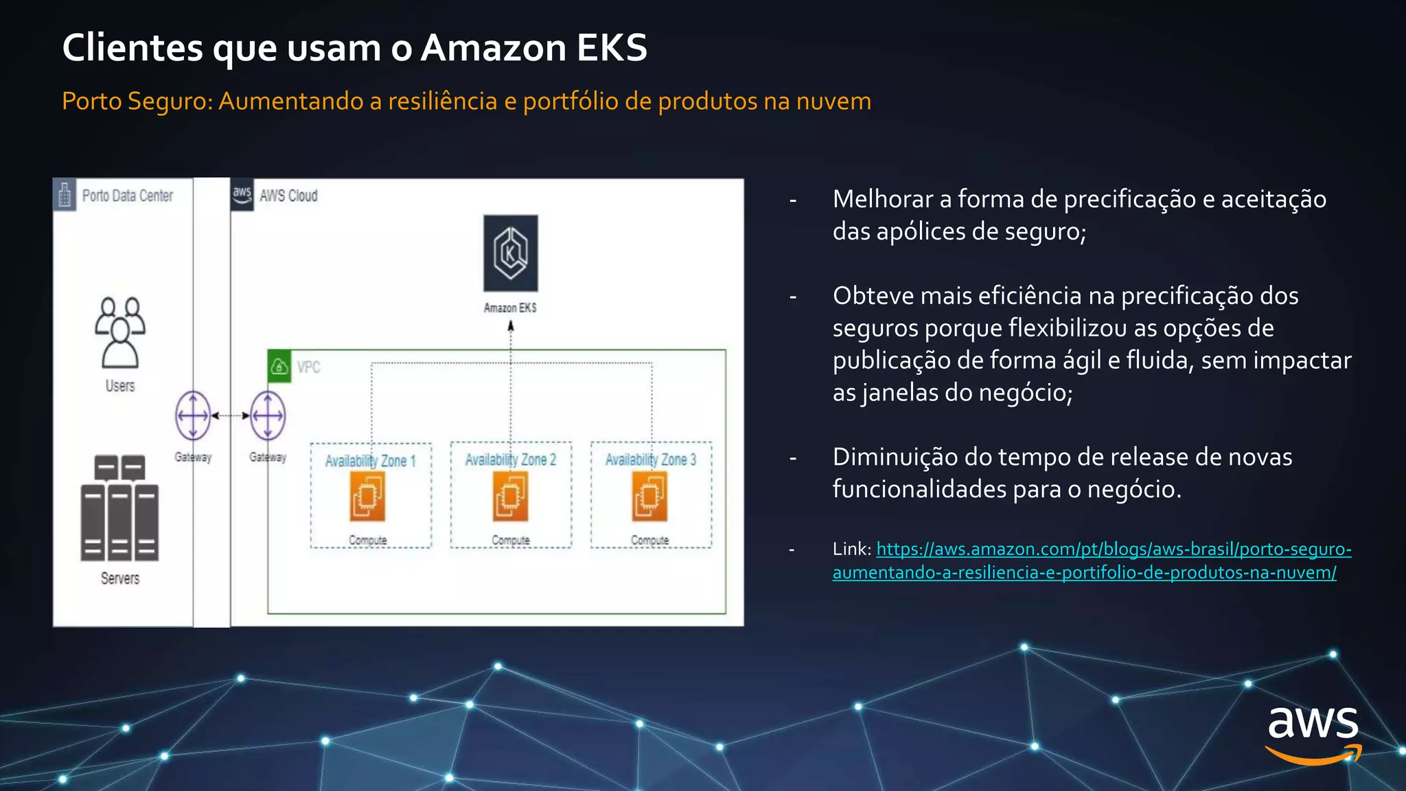 Clientes que usam o Amazon EKS
Porto Seguro: Aumentando a resiliência e portfólio de produtos na nuvem
- Melhorar a forma de precificação e aceitação
das apólices de seguro;
- Obteve mais eficiência na precificação dos
seguros porque flexibilizou as opções de
publicação de forma ágil e fluida, sem impactar
as janelas do negócio;
- Diminuição do tempo de release de novas
funcionalidades para o negócio.
- Link: https://aws.amazon.com/pt/blogs/aws-brasil/porto-seguro-
aumentando-a-resiliencia-e-portifolio-de-produtos-na-nuvem/
 