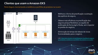Clientes que usam o Amazon EKS
Porto Seguro: Aumentando a resiliência e portfólio de produtos na nuvem
- Melhorar a forma de precificação e aceitação
das apólices de seguro;
- Obteve mais eficiência na precificação dos
seguros porque flexibilizou as opções de
publicação de forma ágil e fluida, sem impactar
as janelas do negócio;
- Diminuição do tempo de release de novas
funcionalidades para o negócio.
- Link: https://aws.amazon.com/pt/blogs/aws-brasil/porto-seguro-
aumentando-a-resiliencia-e-portifolio-de-produtos-na-nuvem/
 