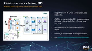 Clientes que usam o Amazon EKS
Midway: banco digital com infraestrutura 100% AWS
- Braço financeiro do Grupo Guararapes (Lojas
Riachuelo);
- AWS foi fundamental também para que o banco
obtivesse a liberação do Banco Central para
funcionar;
- Ecossistema 100% resiliente e tolerante a
falhas;
- Eliminação de incidentes de indisponibilidade.
- Link: https://aws.amazon.com/pt/solutions/case-studies/midway/
 