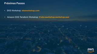 Próximos Passos
• EKS Workshop: eksworkshop.com
• Amazon EKS Terraform Workshop: tf-eks-workshop.workshop.aws
 