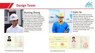 Design Team
Ruming Zhang
National second-class certified
constructor, have been engaged in
steel structure integrated housing R
& D design for 15 years. Participated
lots of large international projects
and solved lots of big technology
challenges. Currently working at
PTH, specializing in R & D and
improvement of steel structure
modular building and assembly
building.
The Certificate of Ruming Zhang
Colin Ye
National class certified structural
engineer, National 1st class certified
constructor, senior engineer (in
review). He has been engaged in R &
D of steel structure integrated house
for 10 years and involved in several
international large-scale project
design and technical research.
Currently, he works for PTH, focusing
on steel structure design and
structure.
The Certificate of Colin Ye
 