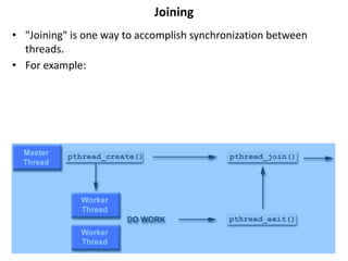 Joining
• "Joining" is one way to accomplish synchronization between
threads.
• For example:
 
