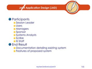 Joint Application Design (JAD) Participants Session Leader Users Managers Sponsor Systems Analysts Scribe IS Staff End Result Documentation detailing existing system Features of proposed system 