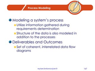 Process Modeling Modeling a system’s process Utilize information gathered during requirements determination Structure of the data is also modeled in addition to the processes Deliverables and Outcomes Set of coherent, interrelated data flow diagrams 