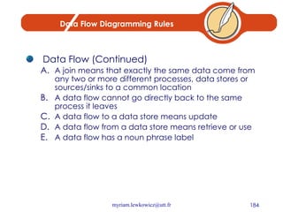 Data Flow Diagramming Rules Data Flow (Continued) A join means that exactly the same data come from any two or more different processes, data stores or sources/sinks to a common location A data flow cannot go directly back to the same process it leaves A data flow to a data store means update A data flow from a data store means retrieve or use A data flow has a noun phrase label 