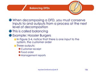 Balancing DFDs When decomposing a DFD, you must conserve inputs to and outputs from a process at the next level of decomposition This is called balancing Example: Hoosier Burgers In Figure 5-4, notice that there is one input to the system, the customer order Three outputs:  Customer receipt Food order Management reports 