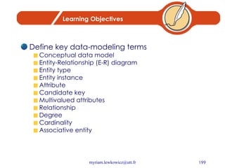 Learning Objectives Define key data-modeling terms Conceptual data model Entity-Relationship (E-R) diagram  Entity type Entity instance Attribute Candidate key Multivalued attributes Relationship Degree Cardinality Associative entity 