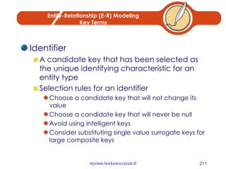 Entity-Relationship (E-R) Modeling Key Terms Identifier A candidate key that has been selected as the unique identifying characteristic for an entity type Selection rules for an identifier Choose a candidate key that will not change its value Choose a candidate key that will never be null Avoid using intelligent keys Consider substituting single value surrogate keys for large composite keys 